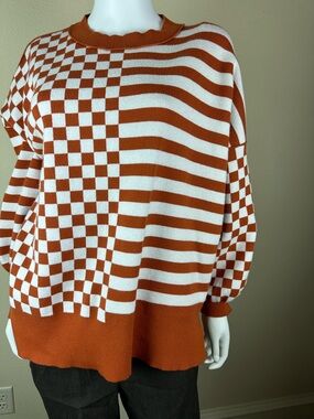 Rust & White Checkerboard Stripe Women's Sweater